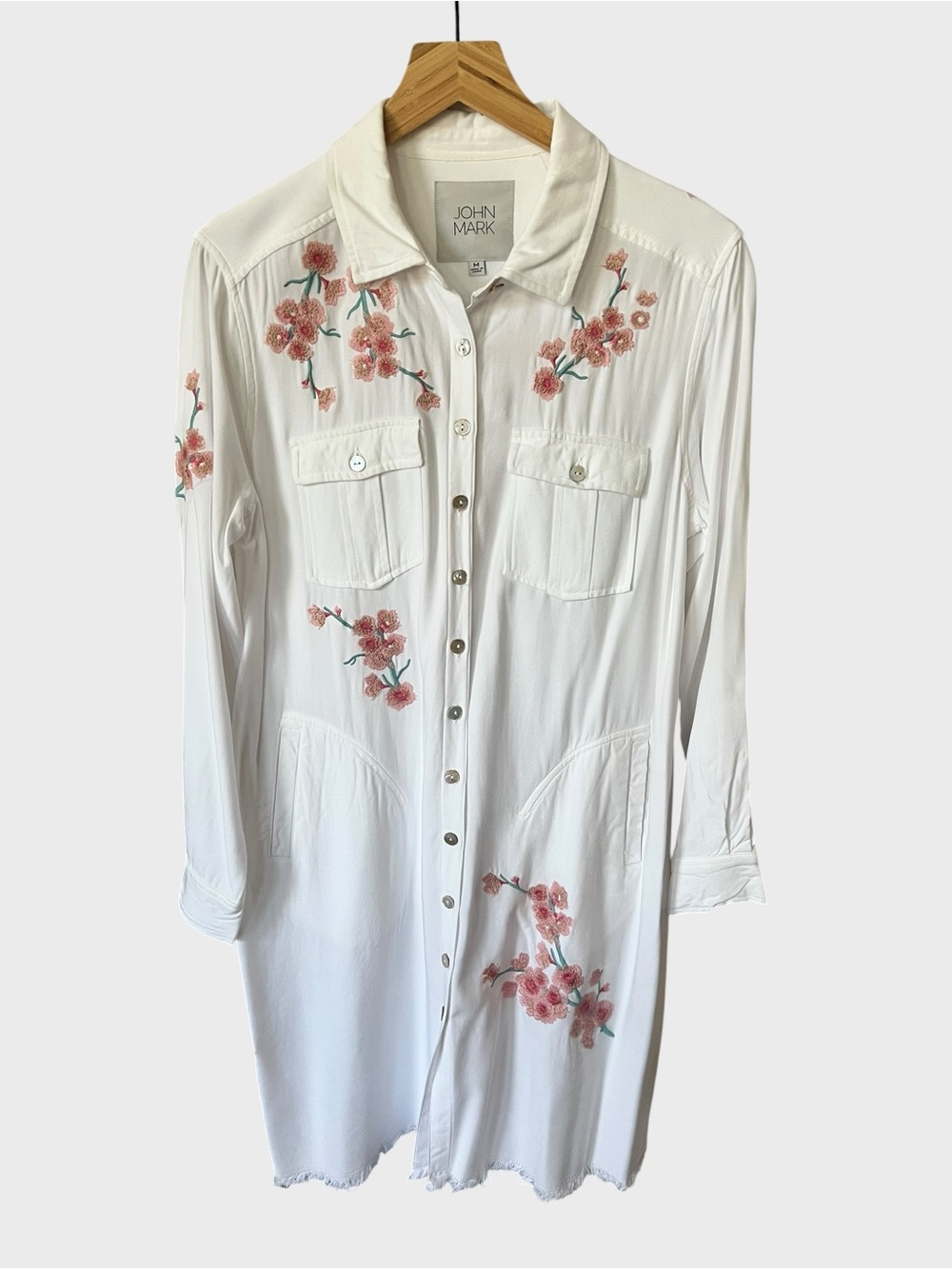 John Mark White Shirt Dress with Pink Floral Embroidery